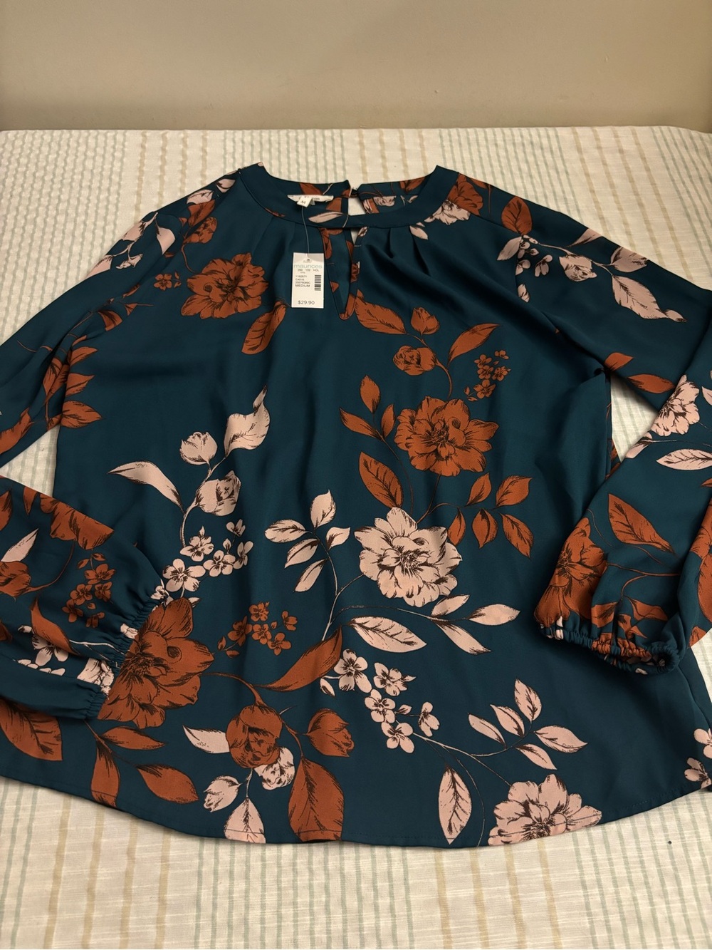 Maurices green Floral Blouse with Rust and Blush Flowers
